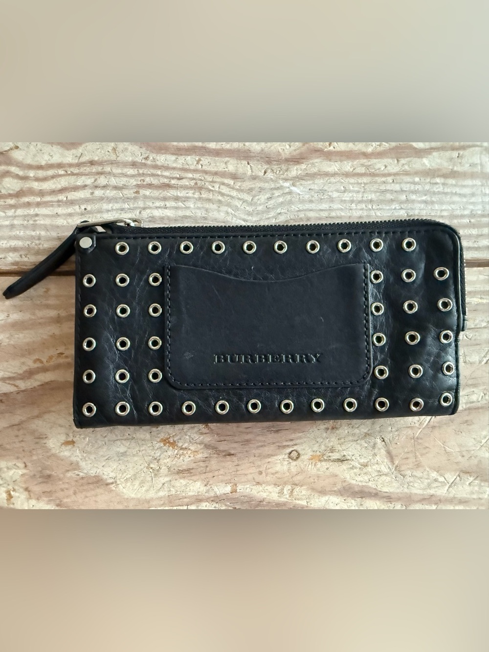 Burberry Black Leather Grommet Studded Wallet